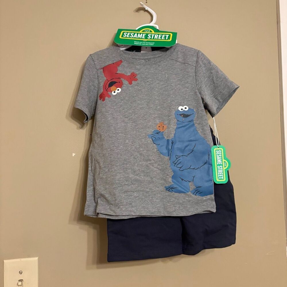 Sesame Street 3 Piece Set Elmo and Cookie Monster Shirt Shorts Elmo Backpack 3T